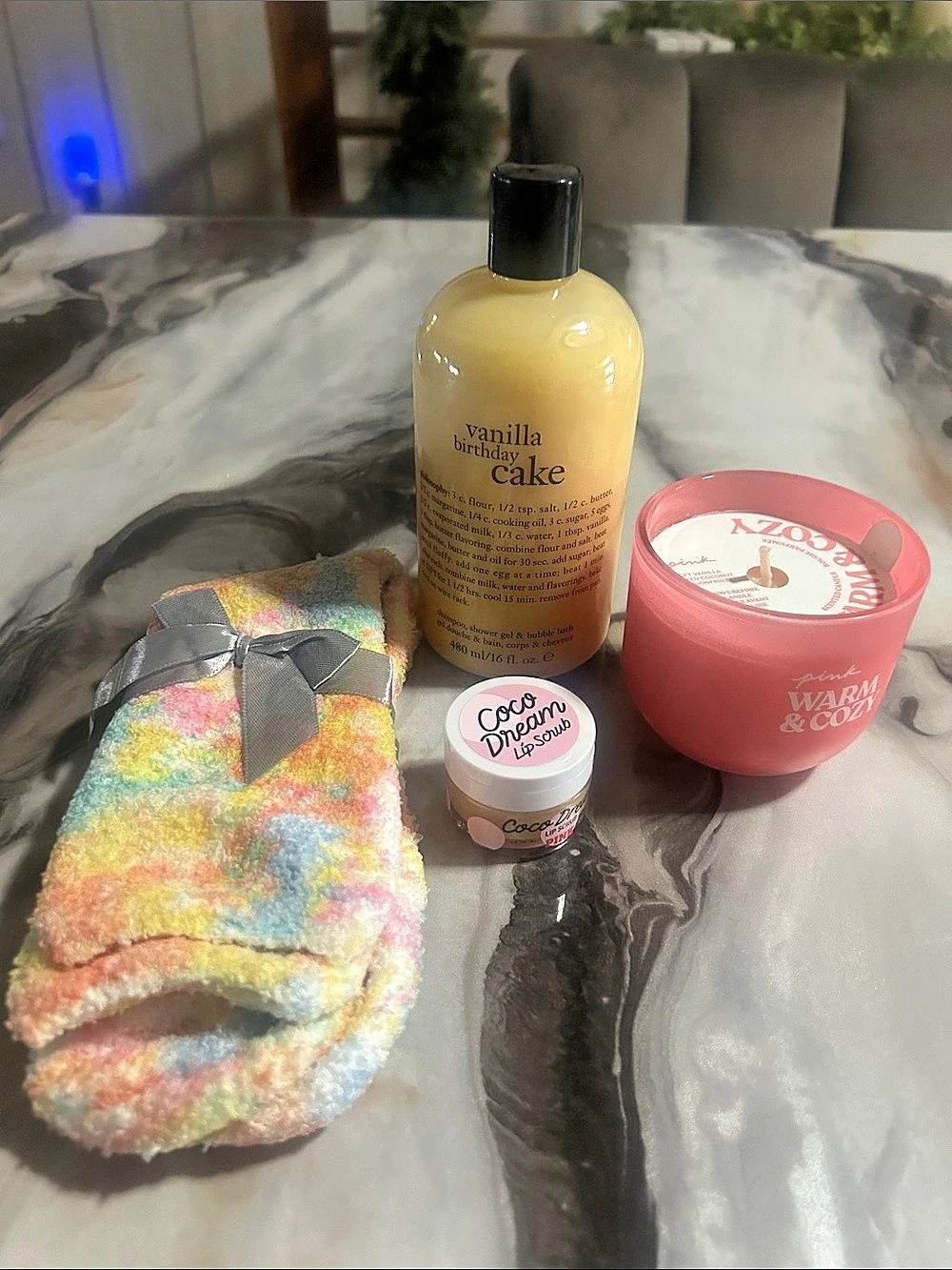 Philosophy Vanilla Birthday Cake Body Wash, Victoria’s Secret Candle, and Lip Sc
